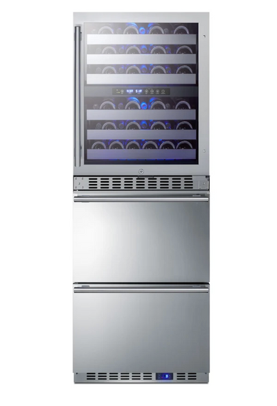 24 Inch Wide 46 Bottle Capacity Free Standing Wine Cooler with Reversible Door and Freezer Drawers