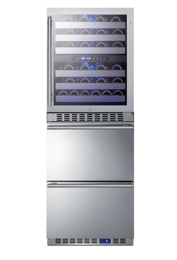 24 Inch Wide 46 Bottle Capacity Free Standing Wine Cooler with Reversible Door and Freezer Drawers